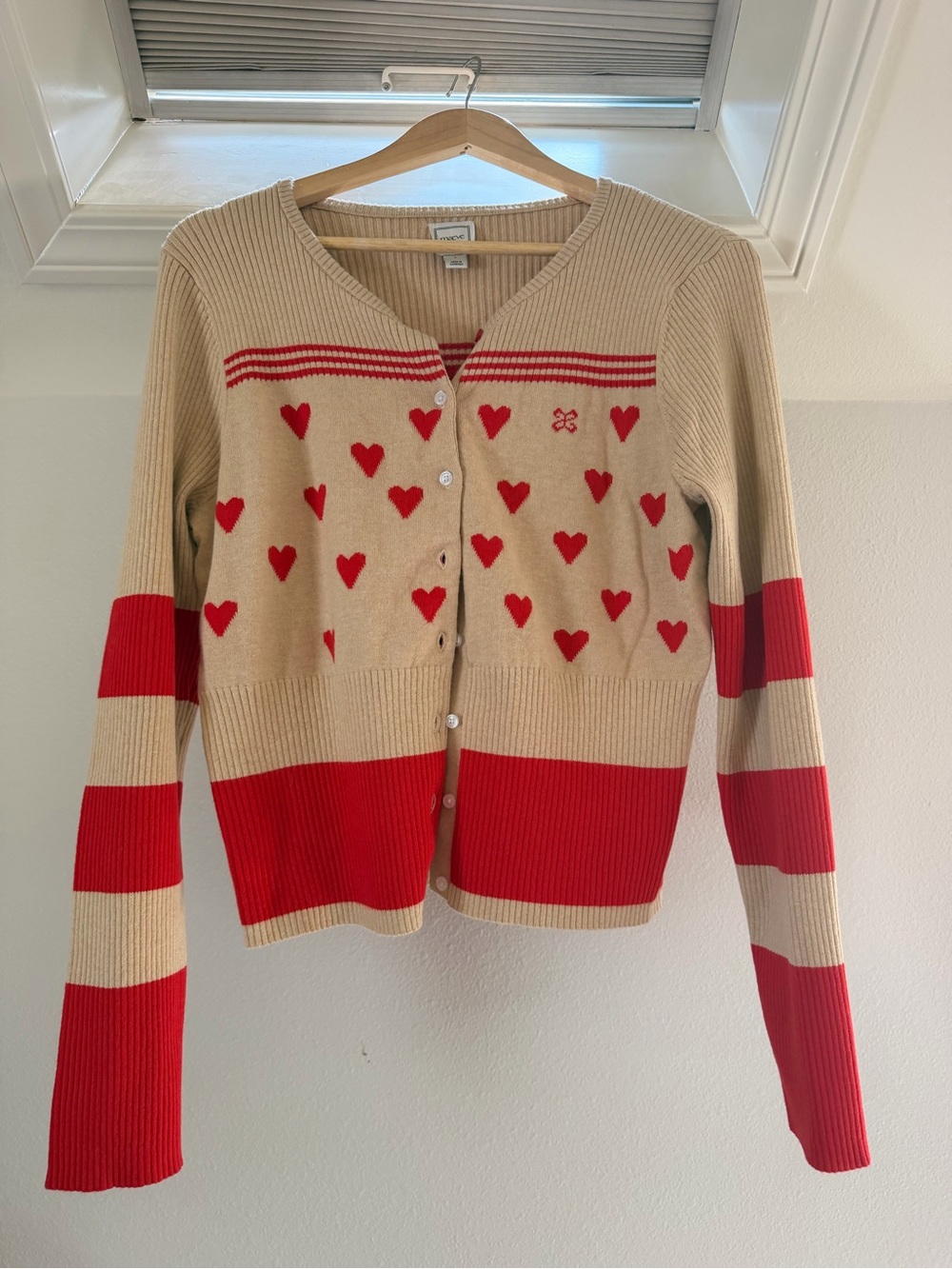 Maeve Beige Cardigan with Red Heart Pattern